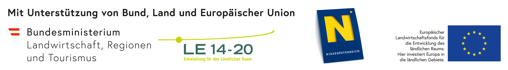 Logo der Förderung: Mit Unterstützung von Bund, Land und Europäischer Union im Rahmen von LE 14-20 - Entwicklung im ländlichen Raum